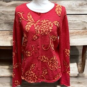 Gorgeous Talbot’s Coral &‎ Orange Dahlia Print Button Front Sweater